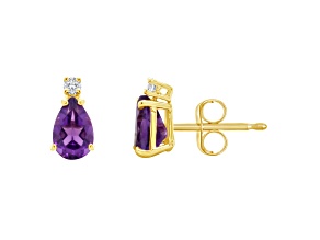 6x4mm Pear Shape Amethyst with Diamond Accents 14k Yellow Gold Stud Earrings