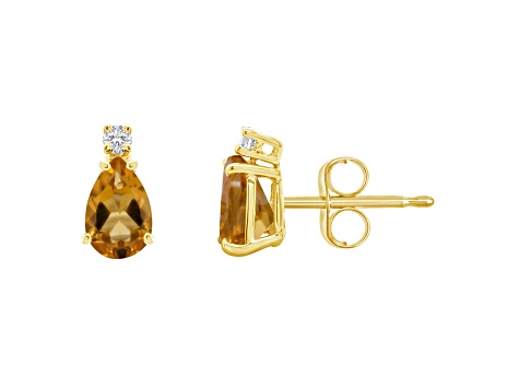 6x4mm Pear Shape Citrine with Diamond Accents 14k Yellow Gold Stud Earrings