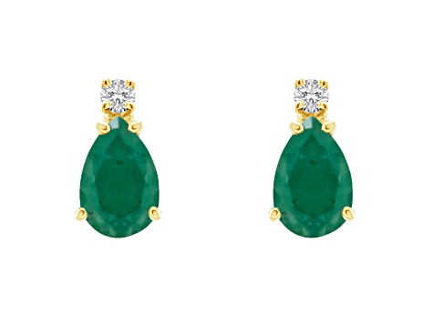 6x4mm Pear Shape Emerald with Diamond Accents 14k Yellow Gold Stud Earrings