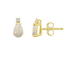6x4mm Pear Shape Opal with Diamond Accents 14k Yellow Gold Stud Earrings