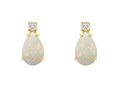 6x4mm Pear Shape Opal with Diamond Accents 14k Yellow Gold Stud Earrings