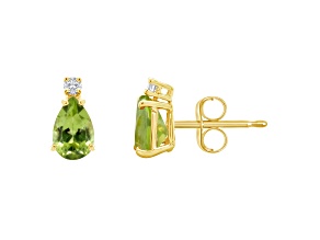6x4mm Pear Shape Peridot with Diamond Accents 14k Yellow Gold Stud Earrings