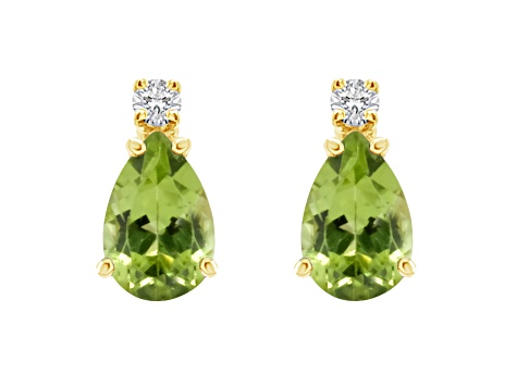 6x4mm Pear Shape Peridot with Diamond Accents 14k Yellow Gold Stud Earrings