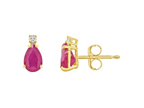 6x4mm Pear Shape Ruby with Diamond Accents 14k Yellow Gold Stud Earrings