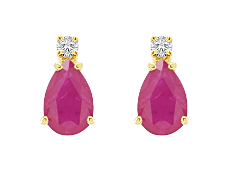 6x4mm Pear Shape Ruby with Diamond Accents 14k Yellow Gold Stud Earrings