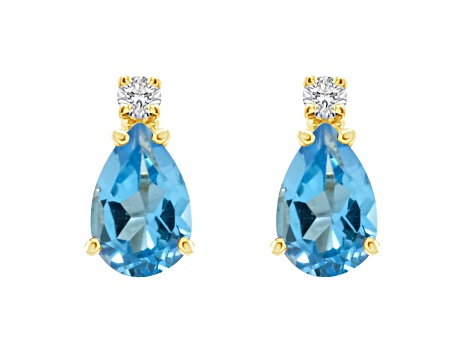 6x4mm Pear Shape Blue Topaz with Diamond Accents 14k Yellow Gold Stud Earrings