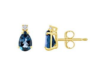 Picture of 6x4mm Pear Shape London Blue Topaz with Diamond Accents 14k Yellow Gold Stud Earrings