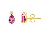 6x4mm Pear Shape Pink Topaz with Diamond Accents 14k Yellow Gold Stud Earrings
