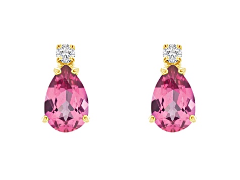 6x4mm Pear Shape Pink Topaz with Diamond Accents 14k Yellow Gold Stud Earrings