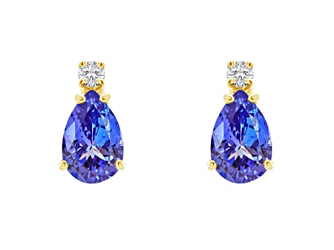 6x4mm Pear Shape Tanzanite with Diamond Accents 14k Yellow Gold Stud Earrings