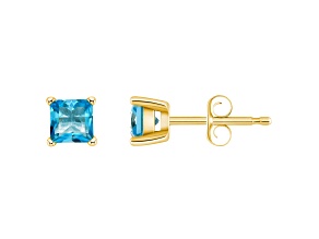 4mm Princess Cut Blue Topaz 14k Yellow Gold Stud Earrings