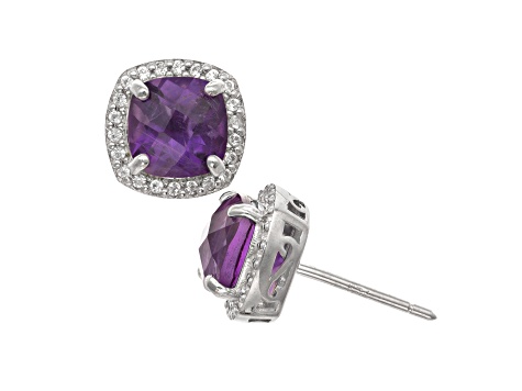 Amethyst Sterling Silver Halo Stud Earrings 2.14ctw