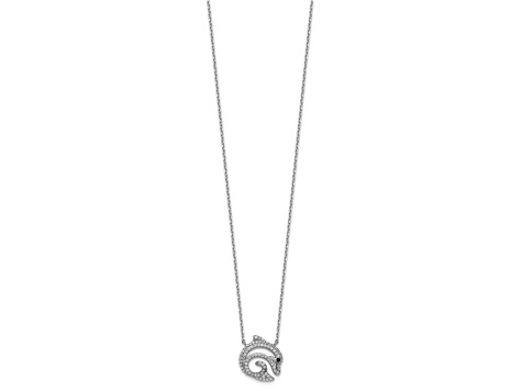 Rhodium Over Sterling Silver Black and White Cubic Zirconia Dolphin Necklace