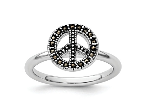 Rhodium Over Sterling Silver Stackable Expressions Marcasite Peace Sign Ring