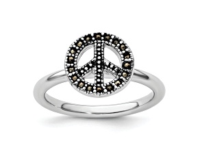 Rhodium Over Sterling Silver Stackable Expressions Marcasite Peace Sign Ring
