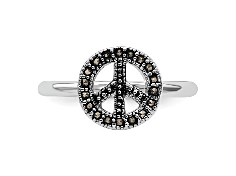 Rhodium Over Sterling Silver Stackable Expressions Marcasite Peace Sign Ring