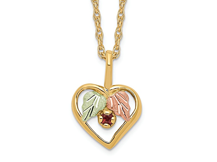 10k Yellow Gold 12k Rose Gold and 12k Green Gold Accent Heart Garnet Pendant 18 Inch Chain