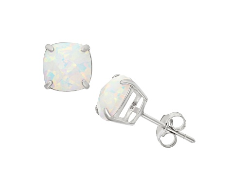 Square Cushion Lab Created Opal Sterling Silver Stud Earrings 2.10ctw