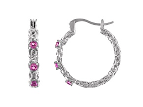 Sterling Silver Lab Created Pink Sapphire Byzantine Hoop Earrings .4ctw