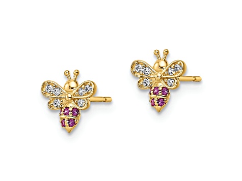 14K Yellow Gold Clear and Red Cubic Zirconia Bee Post Earrings