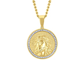 Yellow Ion-Plated Stainless Steel and White Diamond Jesus Face Textured Medallion Pendant With Chain