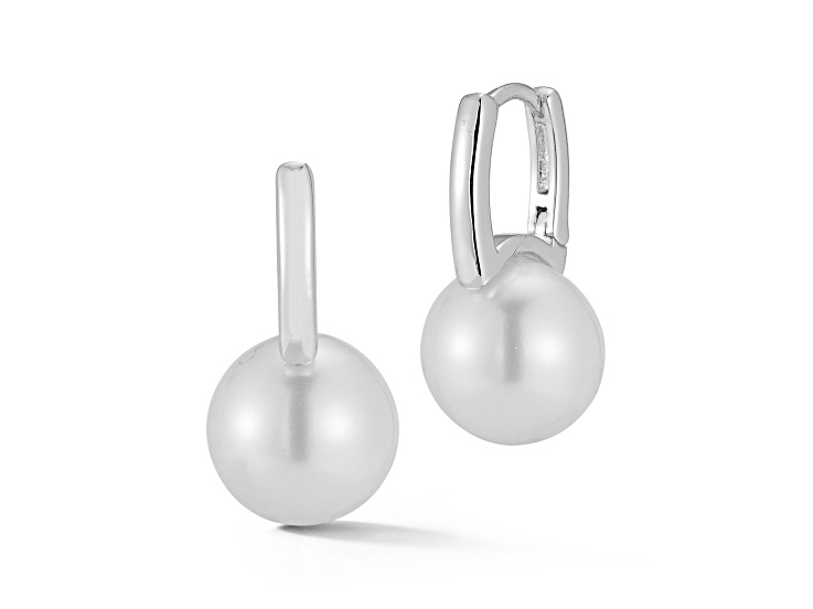 Rachel Zoe Rhodium Over Brass Simulated Pearl Huggie Hoop Drop Earrings