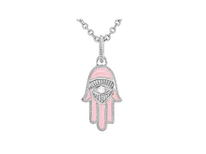 Judith Ripka Pink Enamel and White Topaz Accented Rhodium Over Sterling Silver Hamsa Hand Necklace