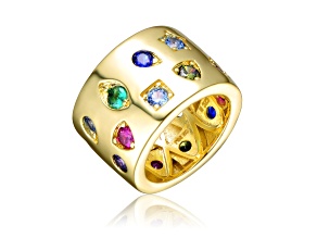 Multi Colored Cubic Zirconia, 14k Yellow Gold Plated over Brass Wide Band Ring
