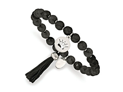 Stainless Steel Polished Crown with Tassel Black Jade Stretch Bracelet