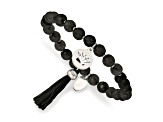 Stainless Steel Polished Crown with Tassel Black Jade Stretch Bracelet