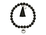 Stainless Steel Polished Crown with Tassel Black Jade Stretch Bracelet