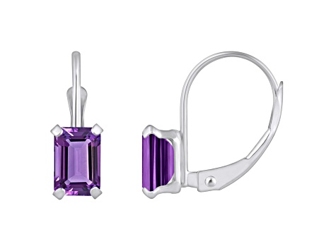 6x4mm Emerald Cut Amethyst Rhodium Over 10k White Gold Drop Earrings