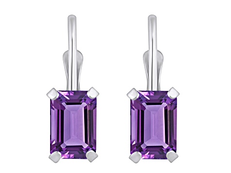 6x4mm Emerald Cut Amethyst Rhodium Over 10k White Gold Drop Earrings