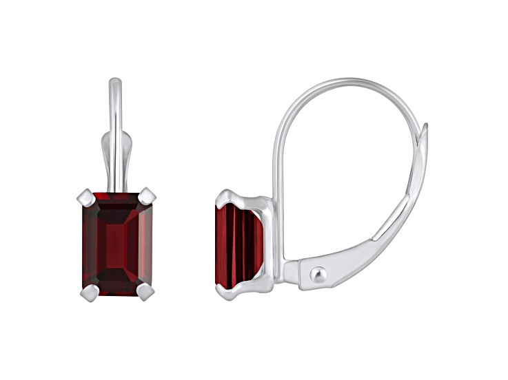 6x4mm Emerald Cut Garnet Rhodium Over 10k White Gold Drop Earrings