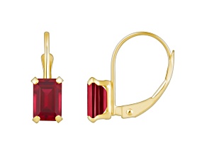 6x4mm Emerald Cut Created Ruby 10k Yellow Gold Drop Earrings