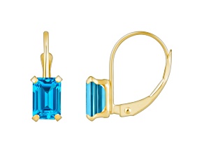 6x4mm Emerald Cut Blue Topaz 10k Yellow Gold Drop Earrings