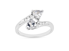 Trillion Aquamarine and White Topaz 2-Stone Rhodium Over Sterling Silver Bypass Ring 1.22ctw