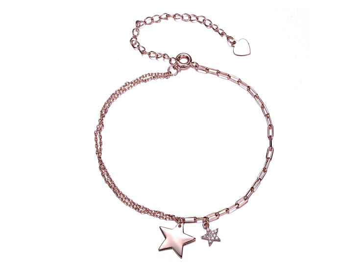 Clear Cubic Zirconia, 18K Rose Gold Plated over Brass Star Charm Bracelet for Teens