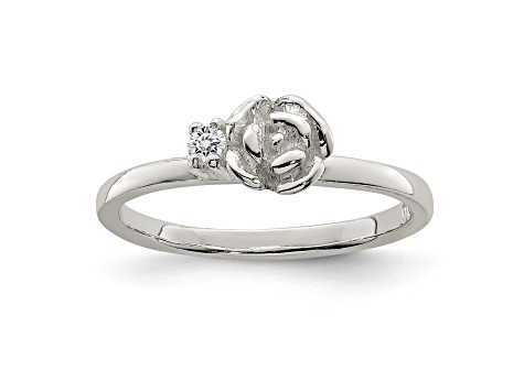 Rhodium Over Sterling Silver Clear CZ Rose Kid's Ring