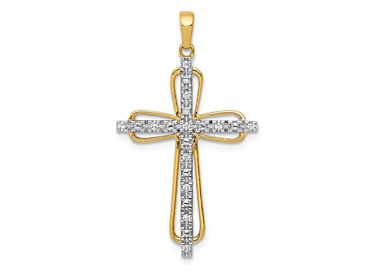 10k Yellow Gold and Rhodium Over 10k Yellow Gold Diamond Cross Pendant