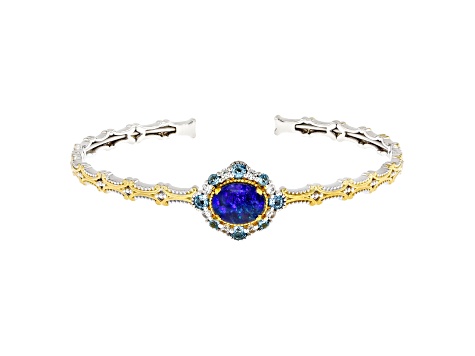 Peacock Australian Opal Triplet Rhodium & 24K Gold Over Palladium Sterling Silver Bangle 1.68ctw