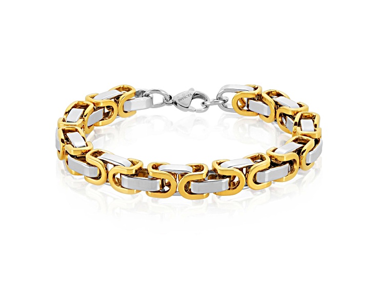 Invicta Jewelry Men's Yellow Two Tone Steel Byzantine Chain Bracelet (8mm) - 8.75"