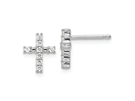 Rhodium Over 14k White Gold Polished Diamond Cross Stud Earrings