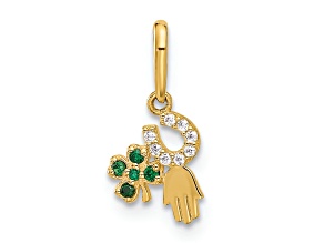 10k Yellow Gold Polished Clover Horseshoe Hamsa Luck Pendant with Clear and Green Cubic Zirconia