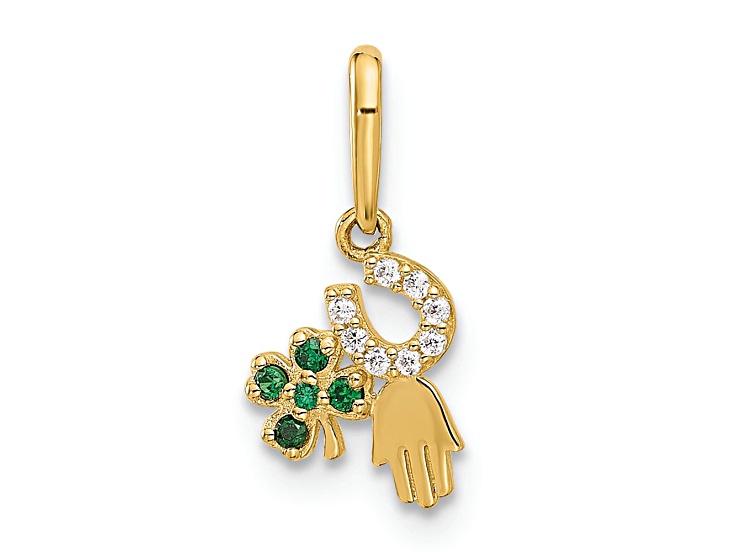 10k Yellow Gold Polished Clover Horseshoe Hamsa Luck Pendant with Clear and Green Cubic Zirconia