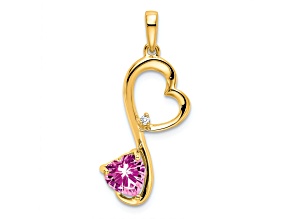 14k Yellow Gold Lab Created Pink Sapphire and Diamond Heart Pendant