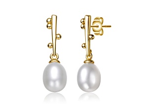 White Freshwater Pearl & CZ, 14K Yellow Gold Plated over Sterling Silver Linear Stick Earrings