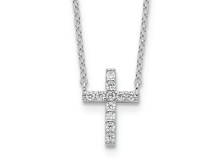 Rhodium Over Sterling Silver Cubic Zirconia Cross with 2-inch Extension Necklace