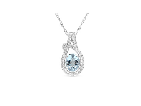 Oval Aquamarine and Cubic Zirconia Rhodium Over Sterling Silver Pendant with chain, 3.10ctw