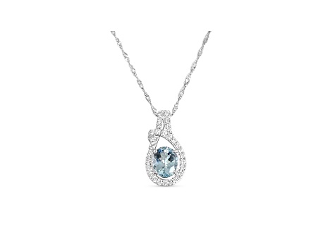 Oval Aquamarine and Cubic Zirconia Rhodium Over Sterling Silver Pendant with chain, 3.10ctw